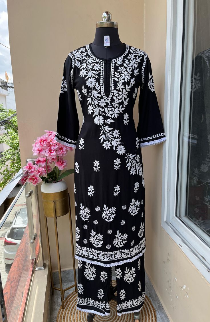 Black & White Chikankari Embroidered Kurta Palazzo Set for Women