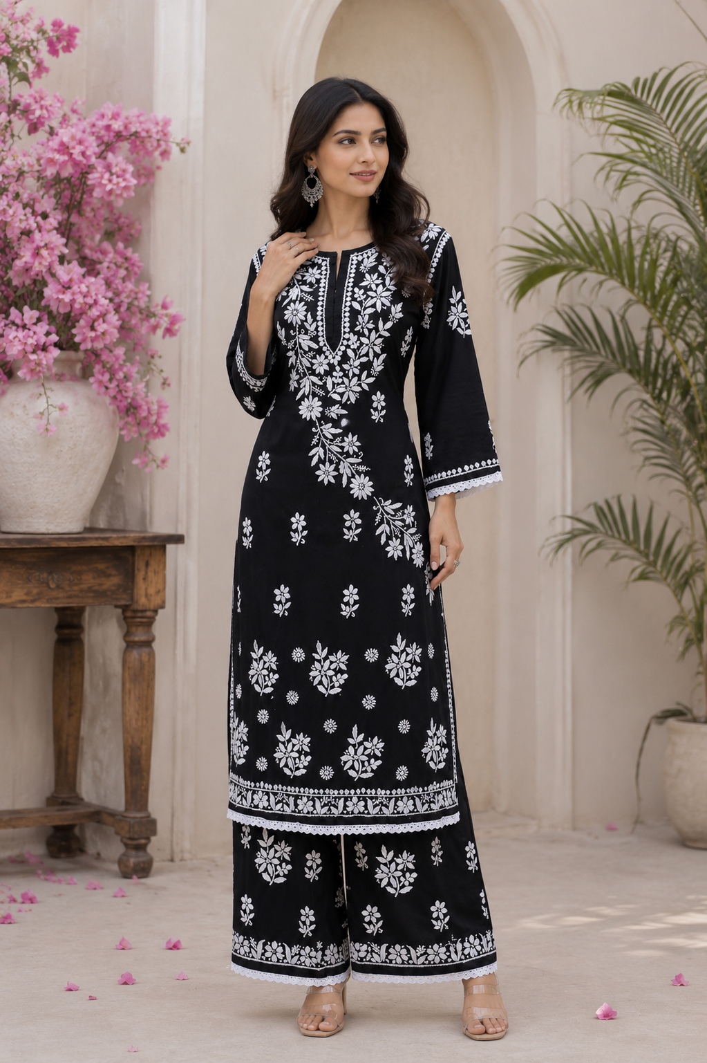 Black & White Chikankari Embroidered Kurta Palazzo Set for Women