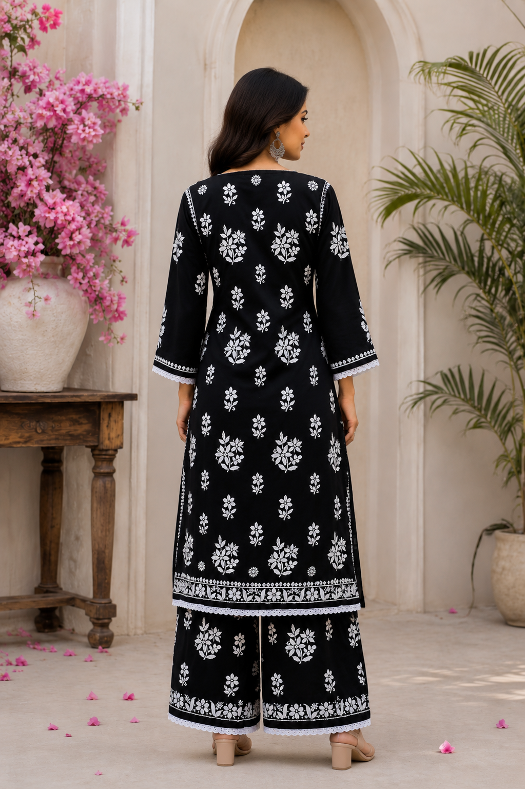 Black & White Chikankari Embroidered Kurta Palazzo Set for Women