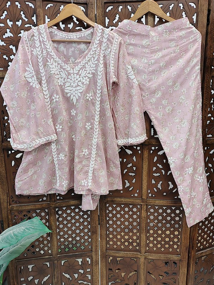 Blush Pink Mulmul Cotton Chikankari Co-Ord Set for Women
