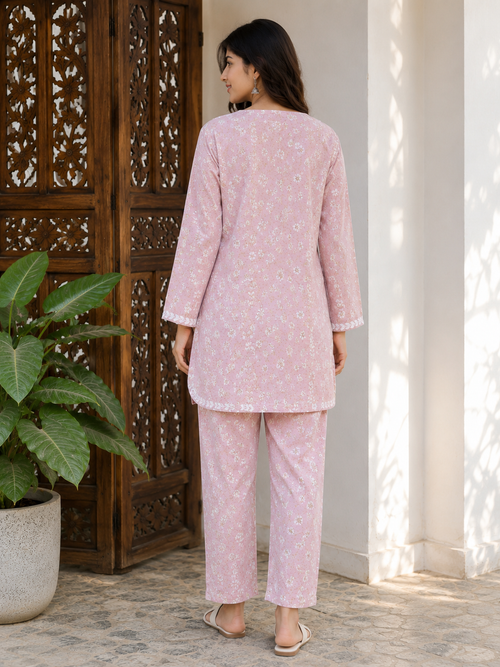 Blush Pink Mulmul Cotton Chikankari Co-Ord Set for Women