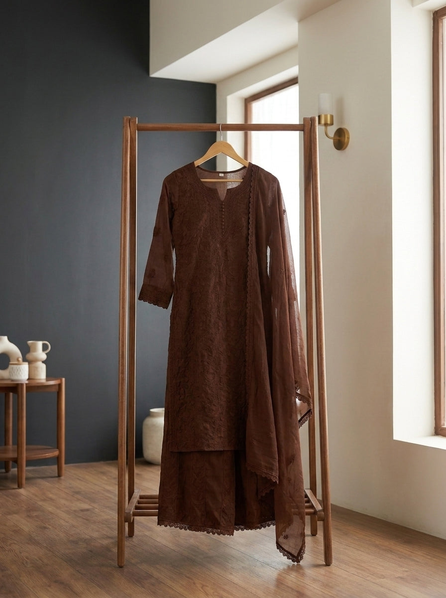 Brown Chikankari Embroidered Kurta Palazzo Set for Women