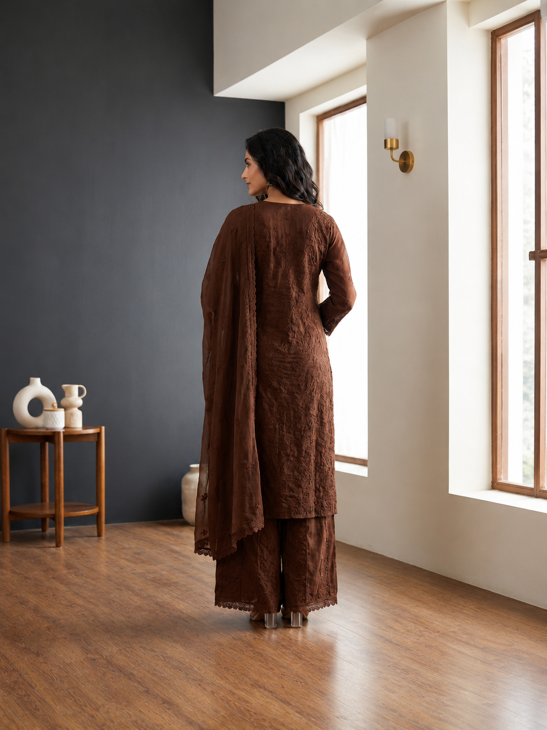 Brown Chikankari Embroidered Kurta Palazzo Set for Women