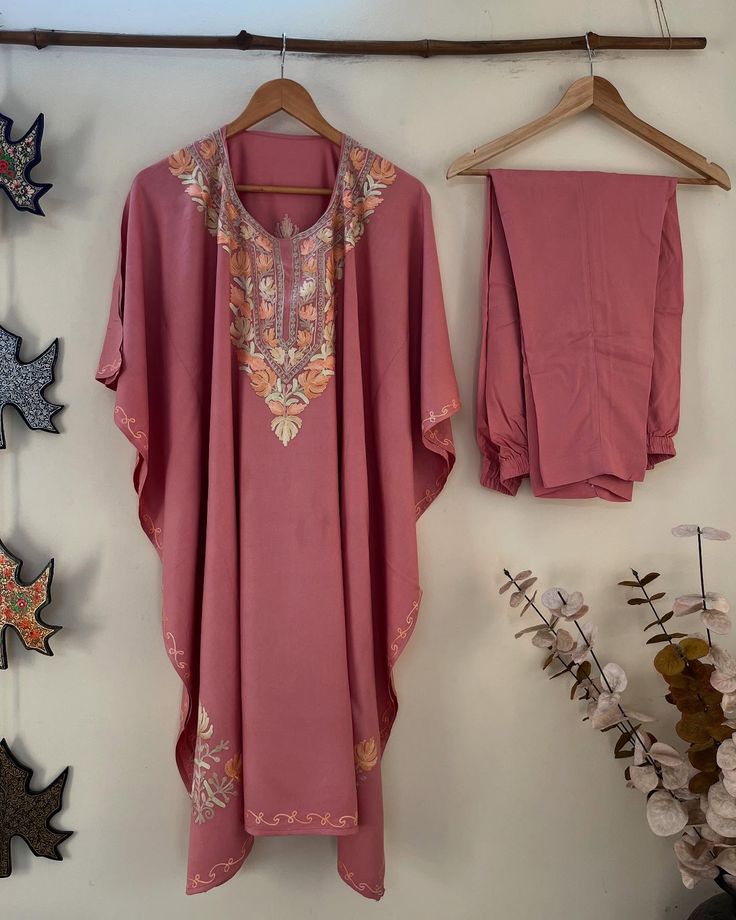 Dusty Rose Kashmiri Aari Embroidered Kaftan Co-Ord Set for Women