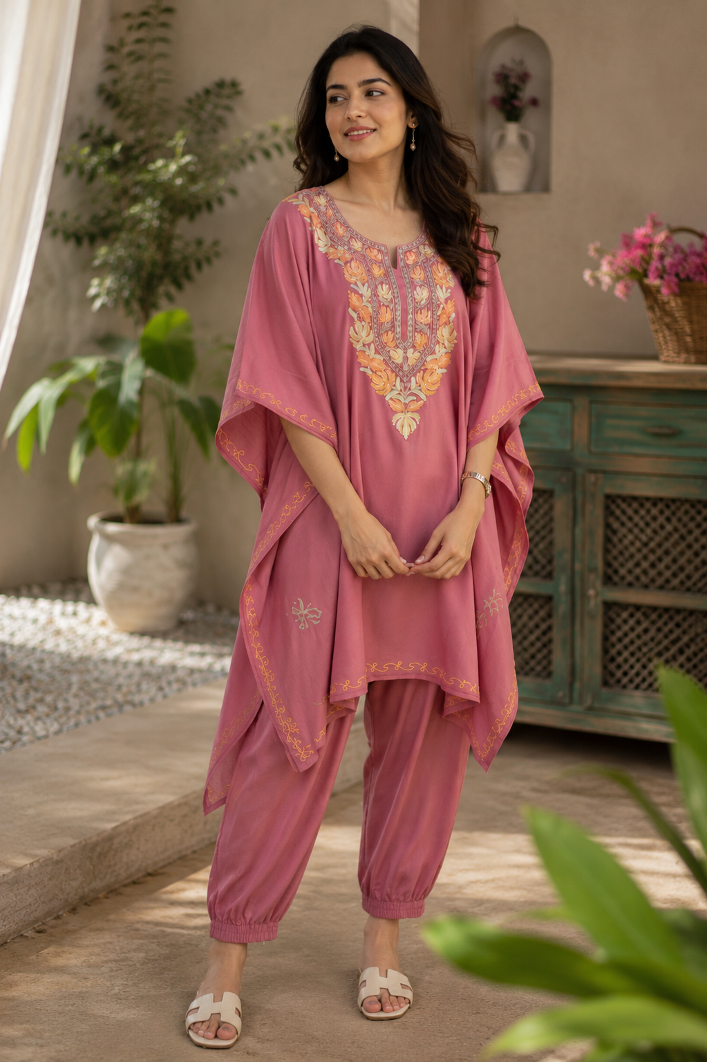 Dusty Rose Kashmiri Aari Embroidered Kaftan Co-Ord Set for Women