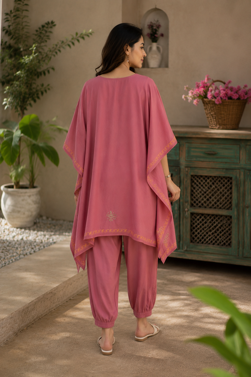 Dusty Rose Kashmiri Aari Embroidered Kaftan Co-Ord Set for Women