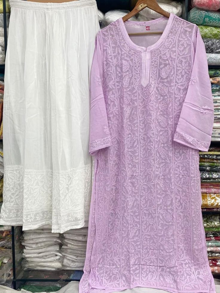 Lavender Chikankari Kurta with White Palazzo Set