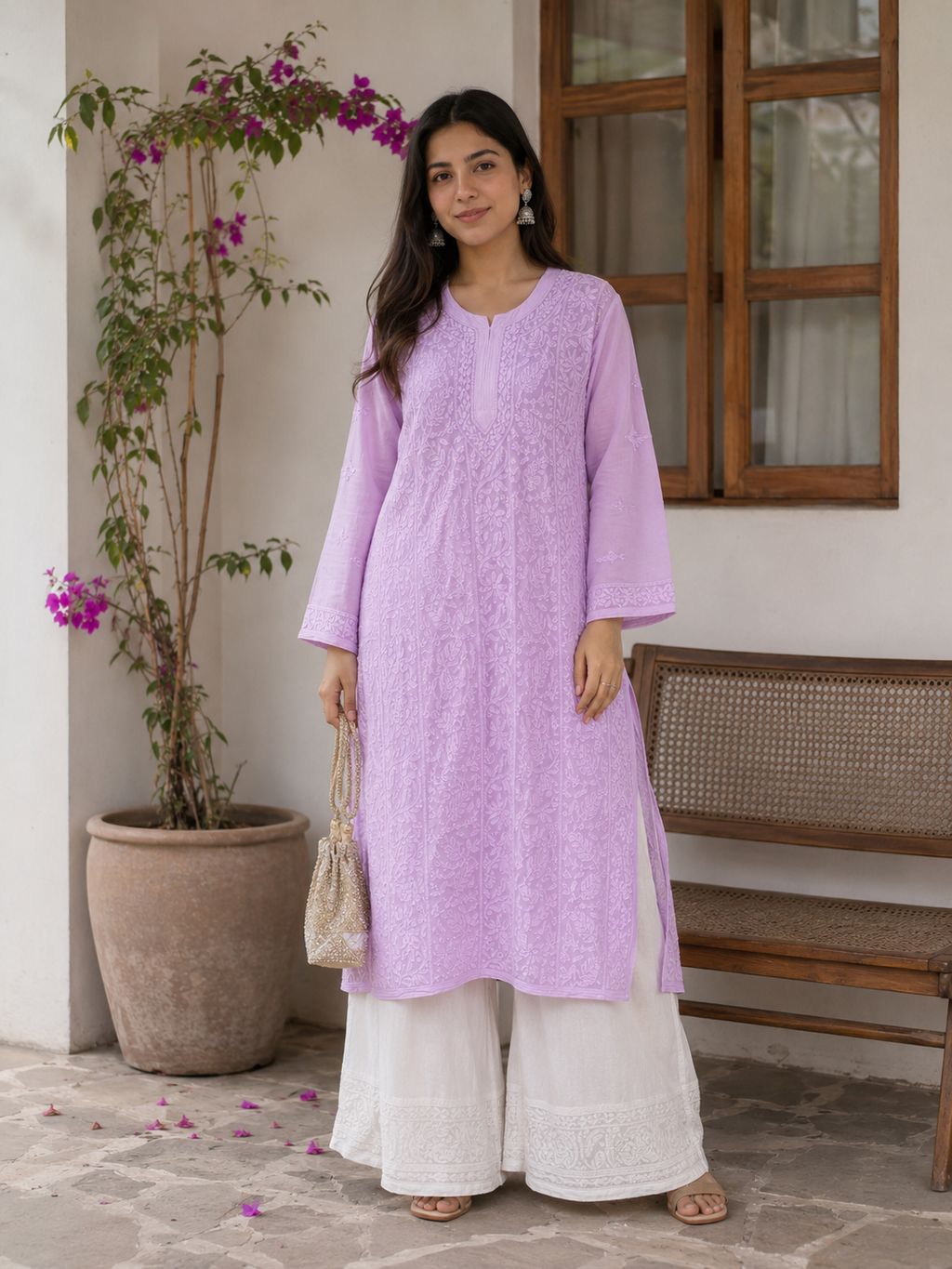 Lavender Chikankari Kurta with White Palazzo Set