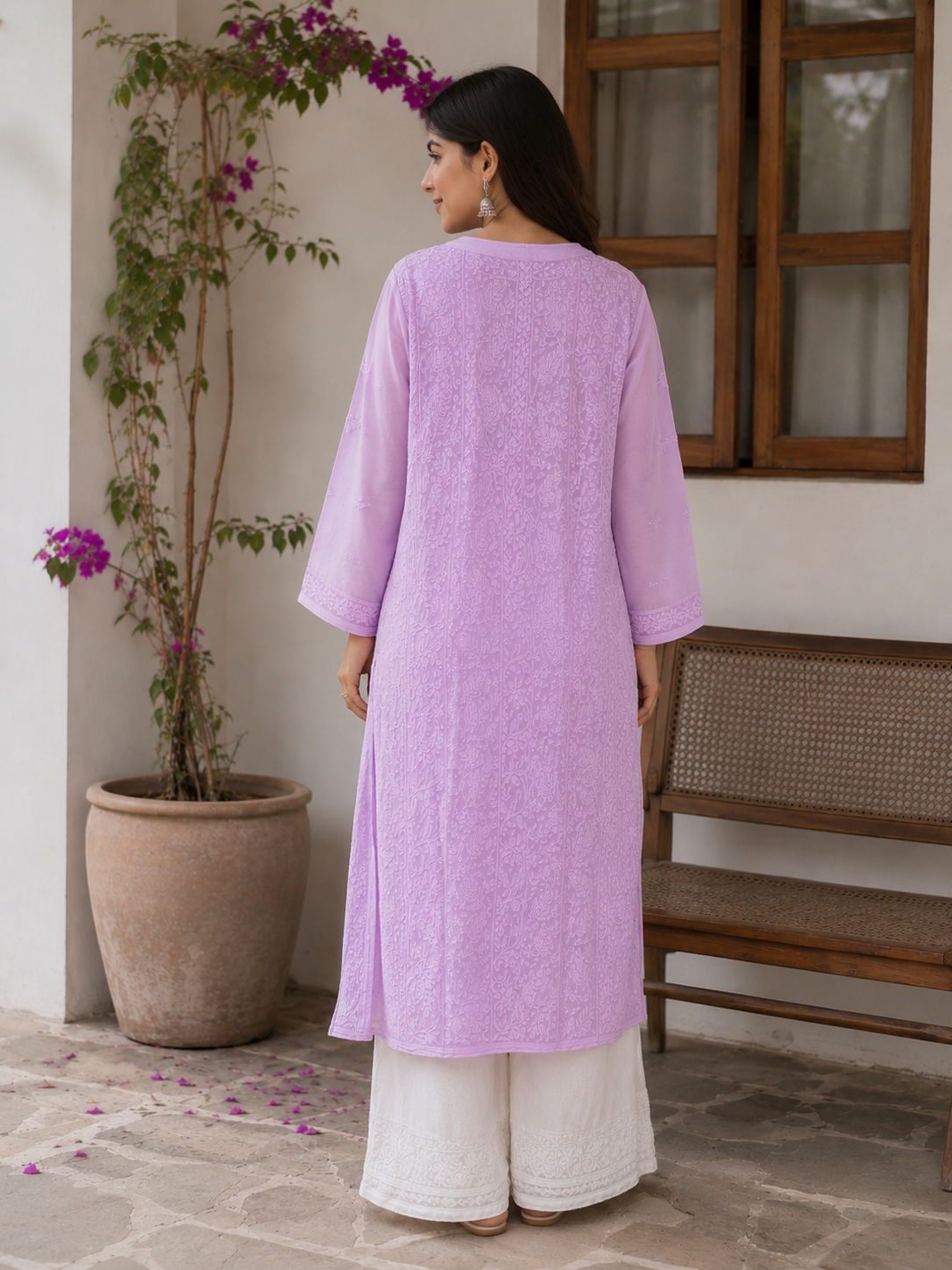 Lavender Chikankari Kurta with White Palazzo Set