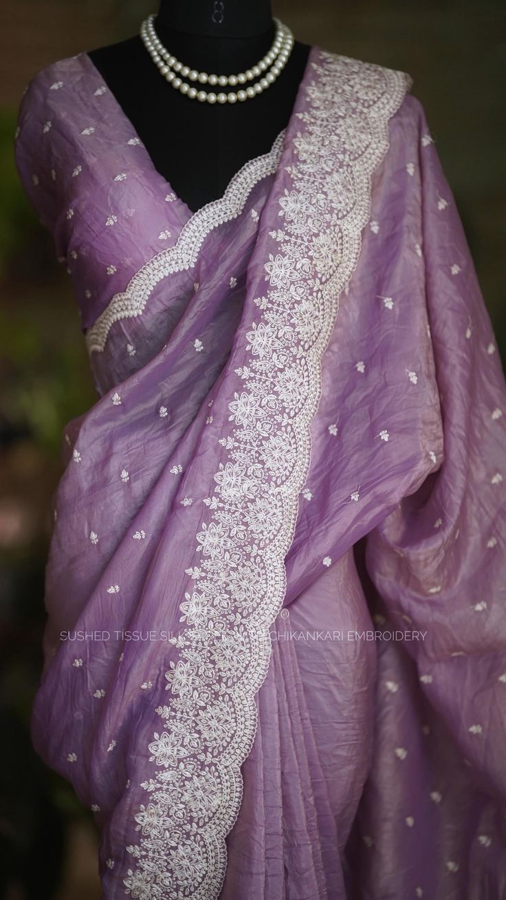 Lavender Chikankari Tissue Silk Saree
