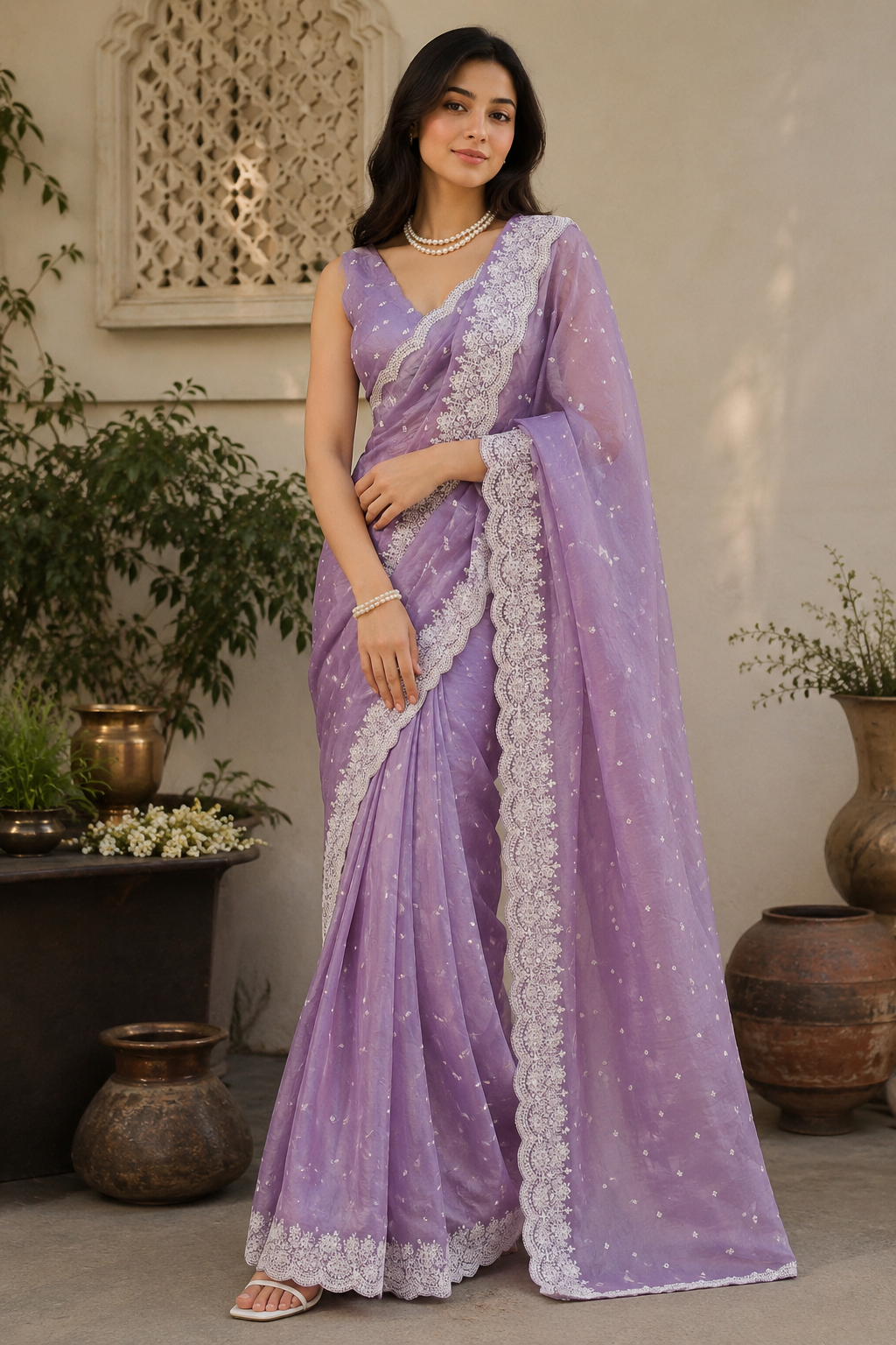Lavender Chikankari Tissue Silk Saree