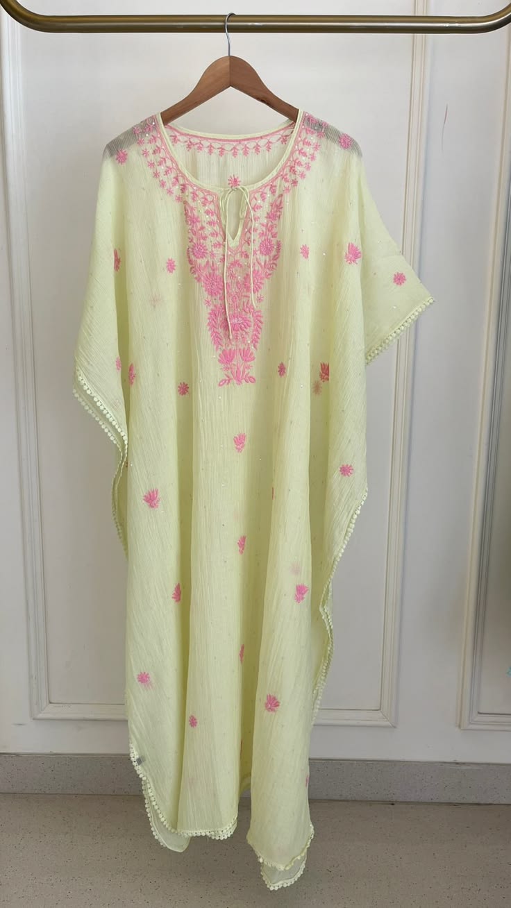 Lemon Yellow  chikankari Embroidered Kaftan Dress
