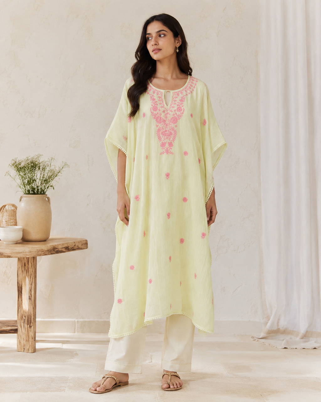 Lemon Yellow  chikankari Embroidered Kaftan Dress