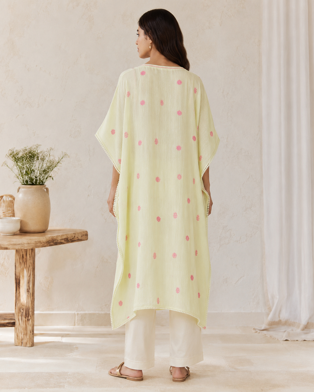 Lemon Yellow  chikankari Embroidered Kaftan Dress