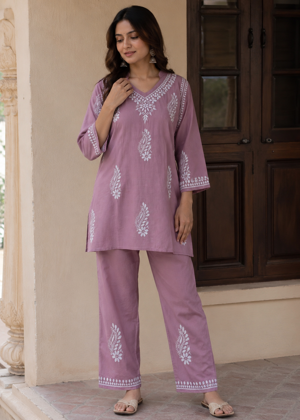 Mauve Chikankari Embroidered Co-Ord Set for Women
