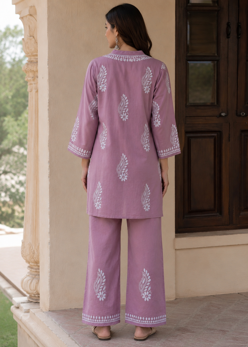 Mauve Chikankari Embroidered Co-Ord Set for Women