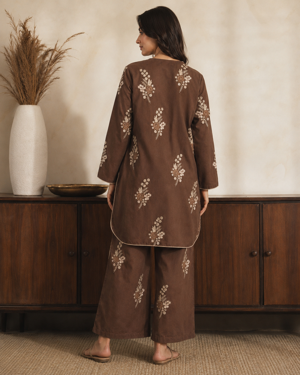 Mocha Brown Chikankari Embroidered Co-Ord Set