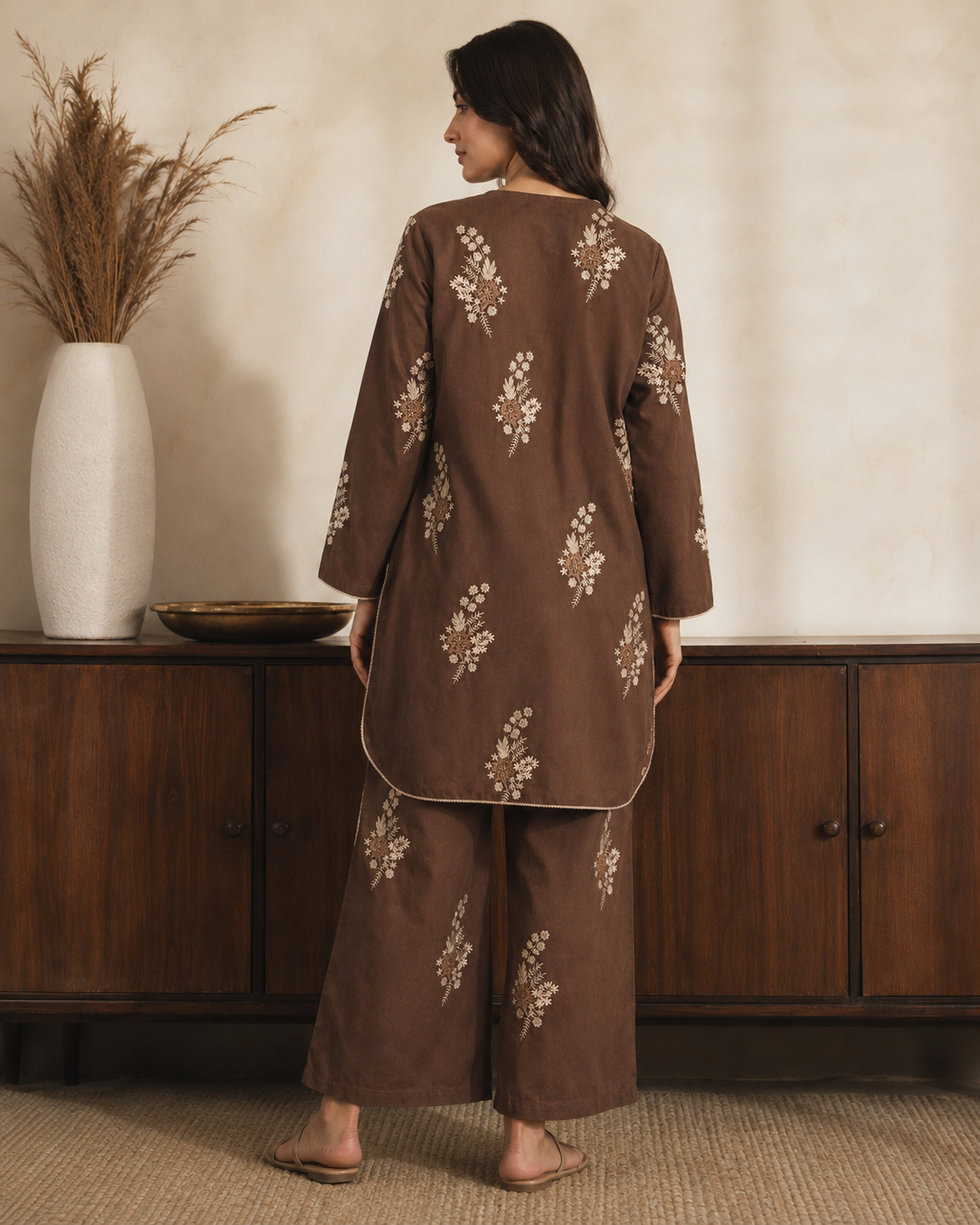 Mocha Brown Chikankari Embroidered Co-Ord Set