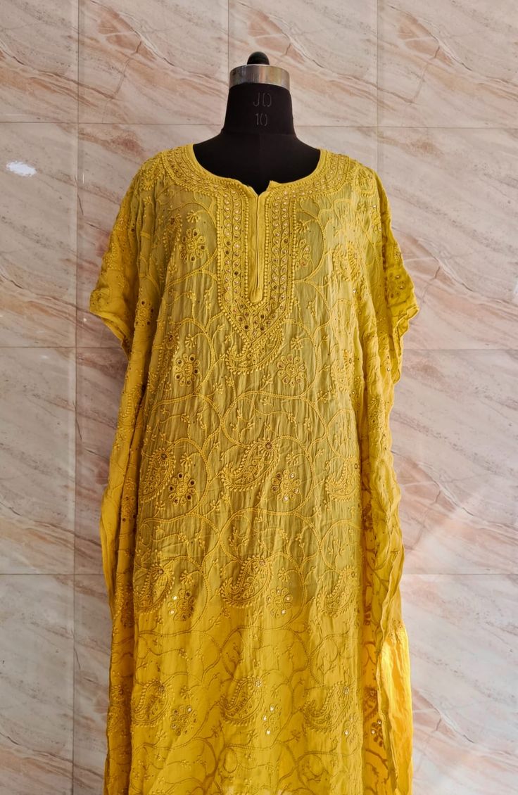 Mustard Yellow Chikankari Kaftan