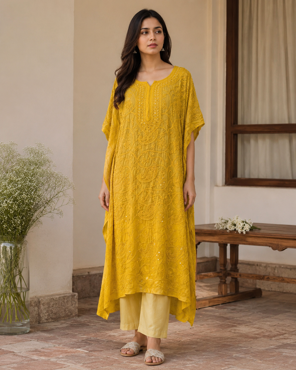Mustard Yellow Chikankari Kaftan