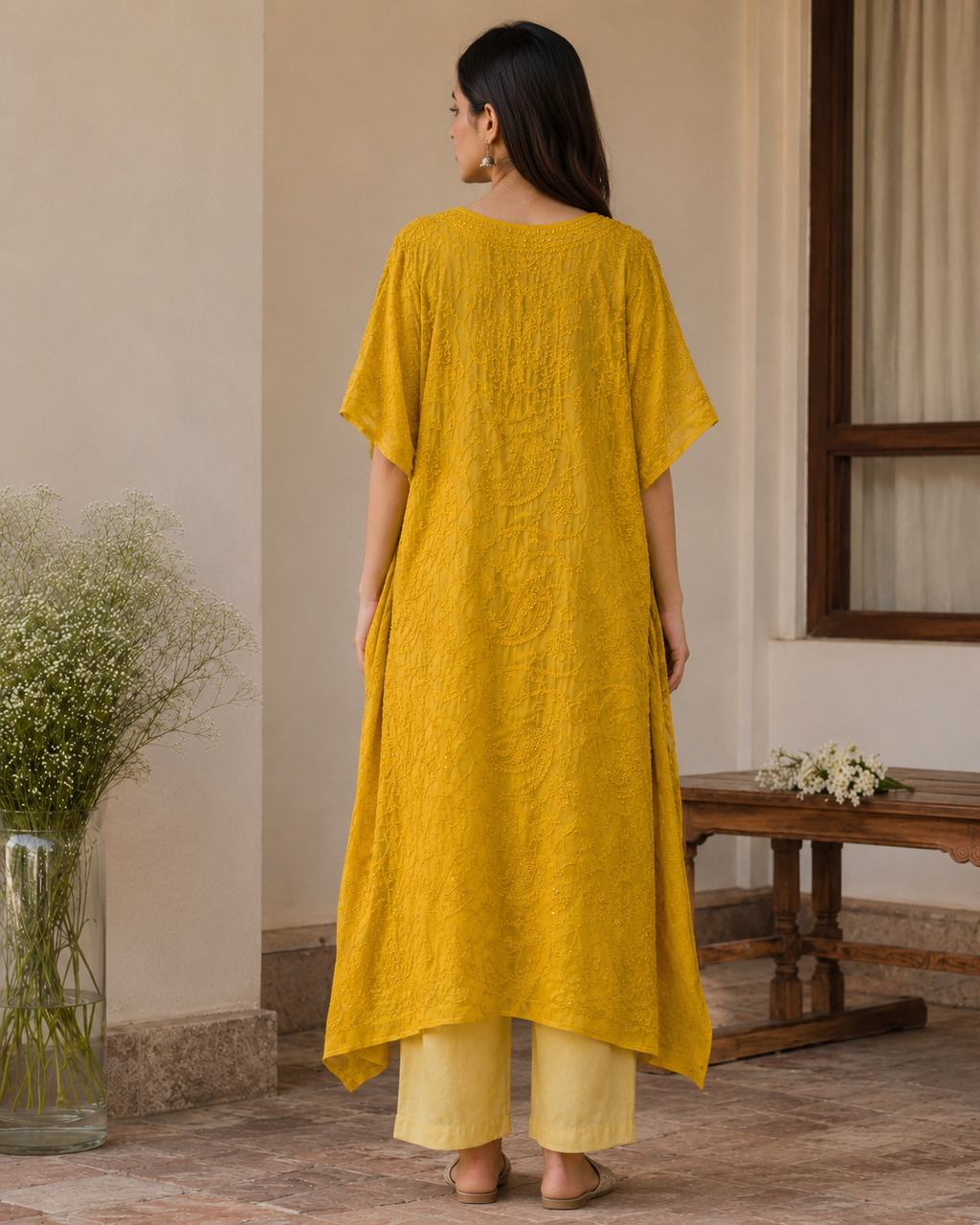 Mustard Yellow Chikankari Kaftan