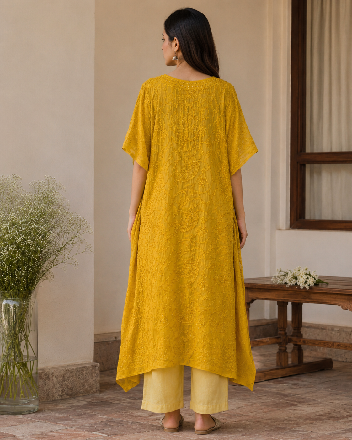 Mustard Yellow Chikankari Kaftan