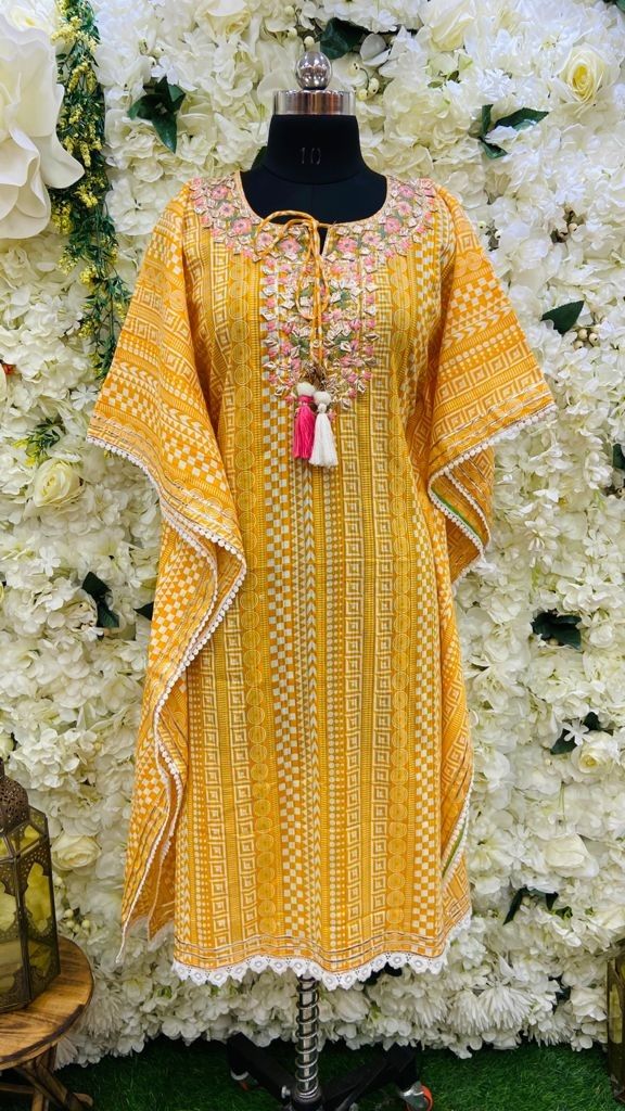 Mustard Yellow Handwork Cotton Kaftan for Women