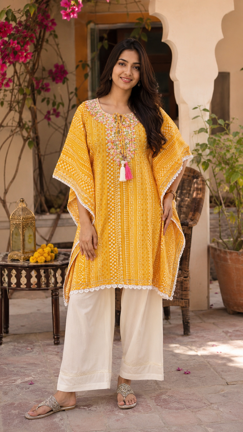 Mustard Yellow Handwork Cotton Kaftan for Women