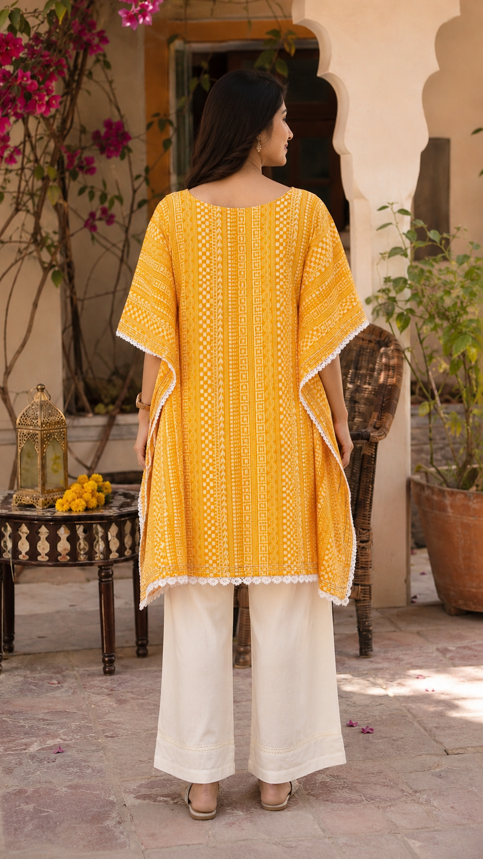 Mustard Yellow Handwork Cotton Kaftan for Women