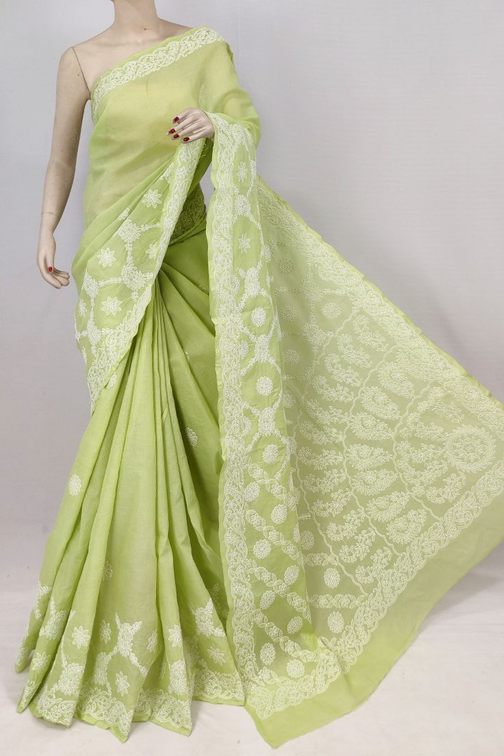 Pastel Green Lucknowi Chikankari Embroidered Saree for Women