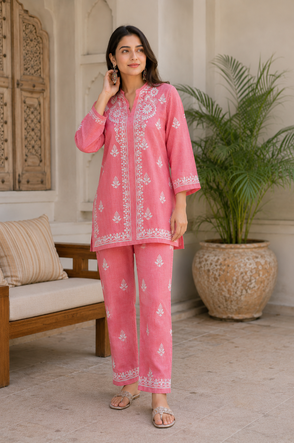 Pink Chikankari Embroidered Co-Ord Set for Women