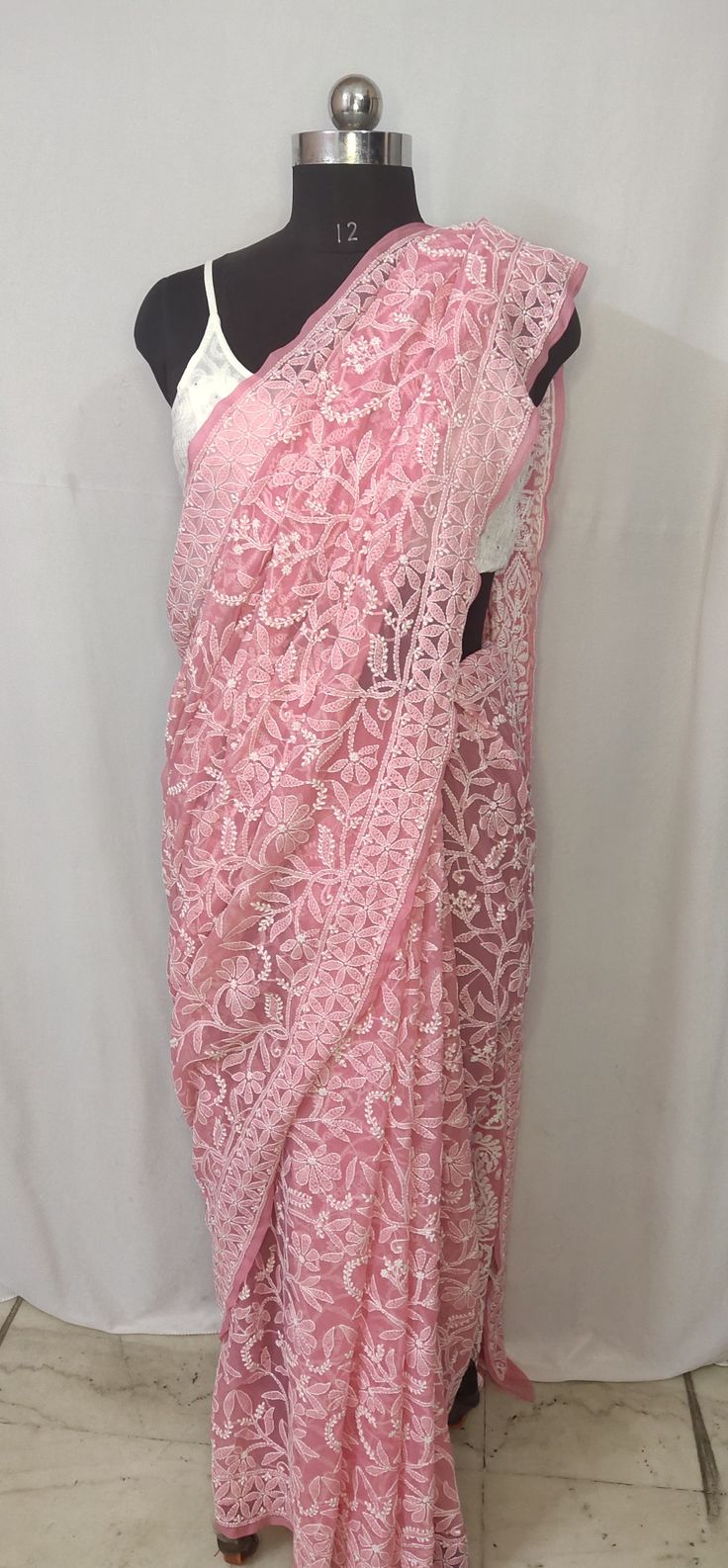 Pink Lucknowi Chikankari Georgette Saree for Women
