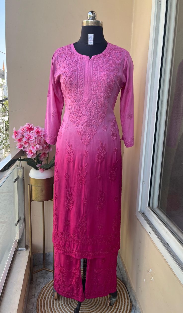 Pink Ombre Chikankari Embroidered Kurta Set for Women