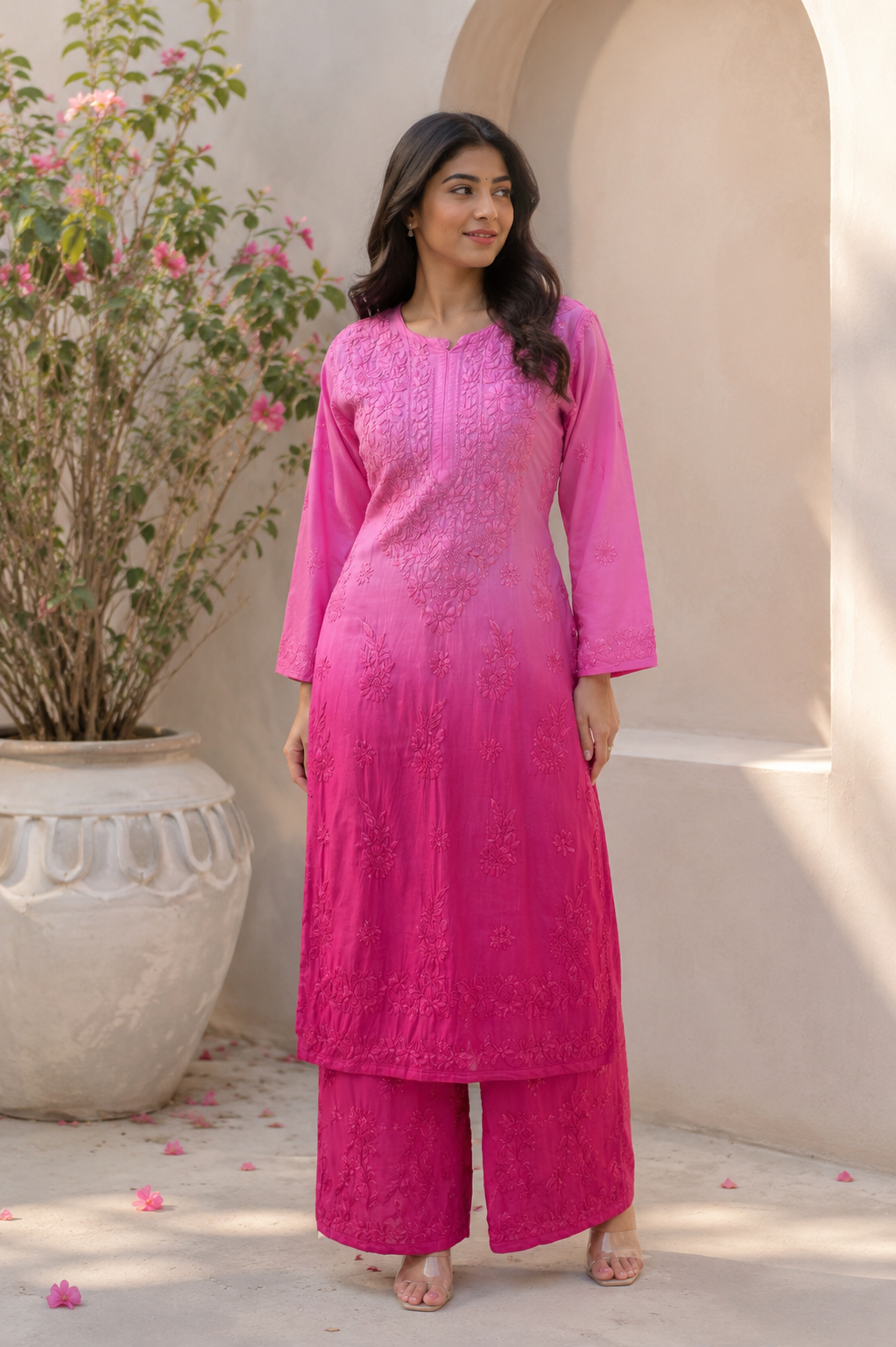 Pink Ombre Chikankari Embroidered Kurta Set for Women
