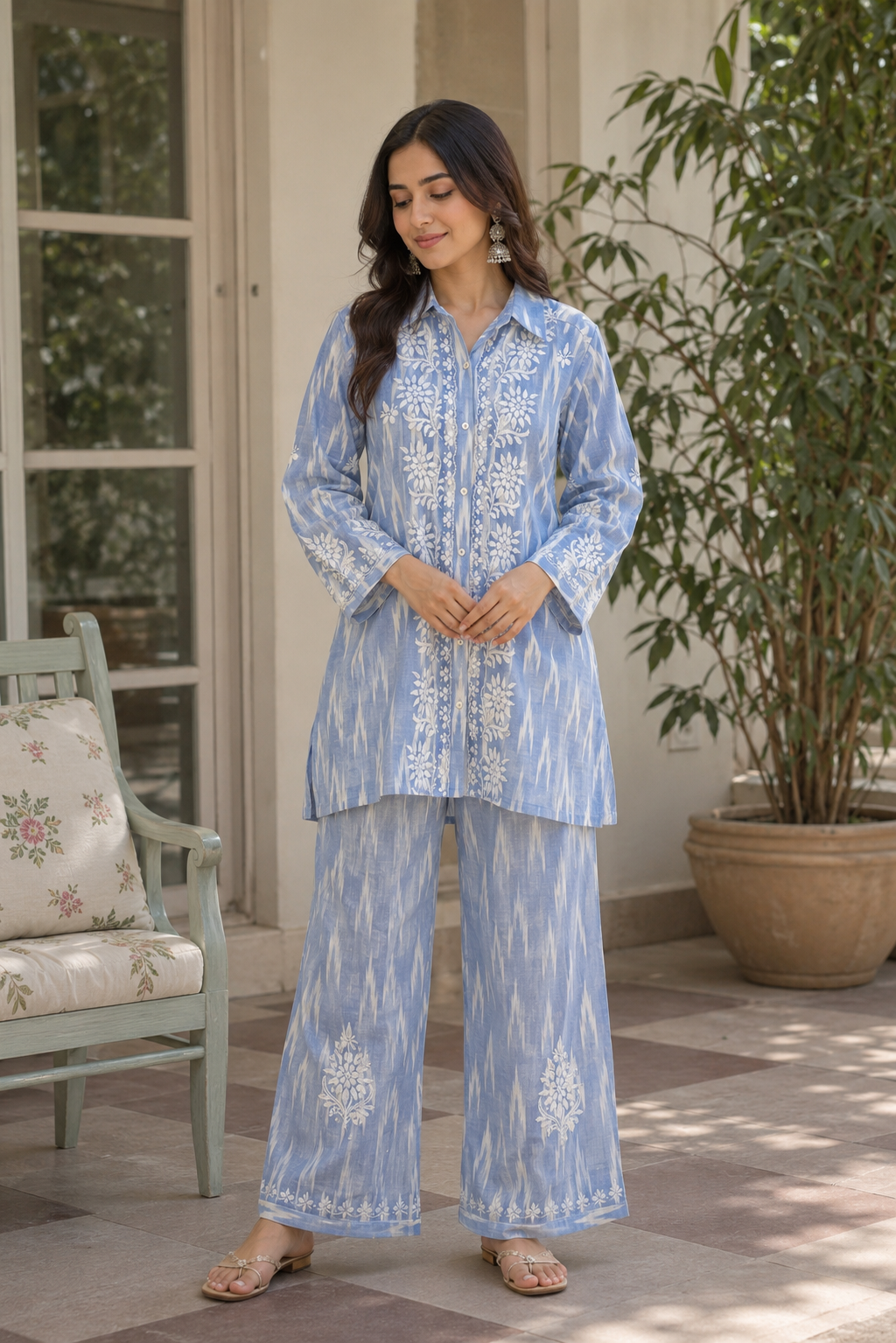 Powder Blue Chikankari Embroidered Co-Ord Set for Women
