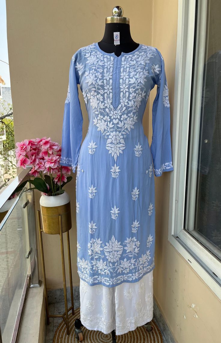 Powder Blue Chikankari Embroidered Kurta Set for Women