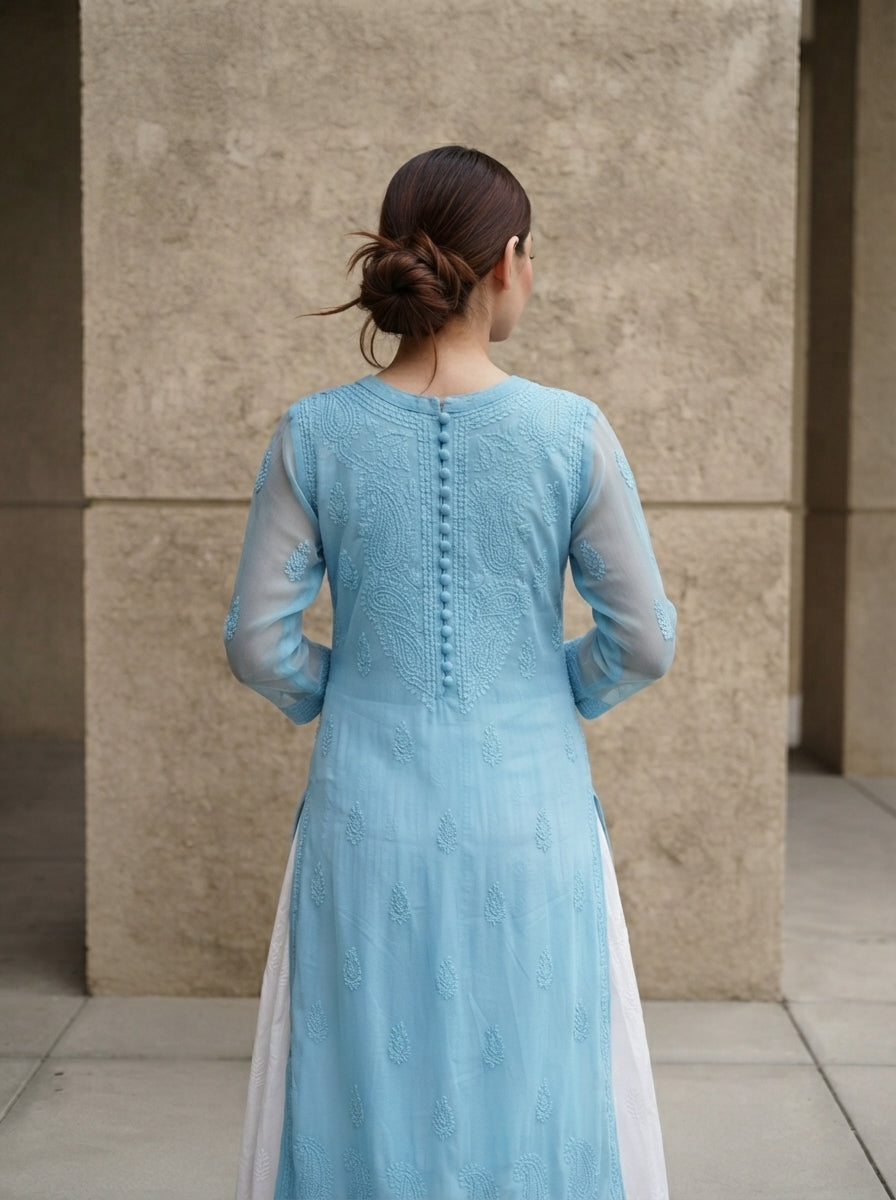 Powder Blue Chikankari Kurta Skirt Set