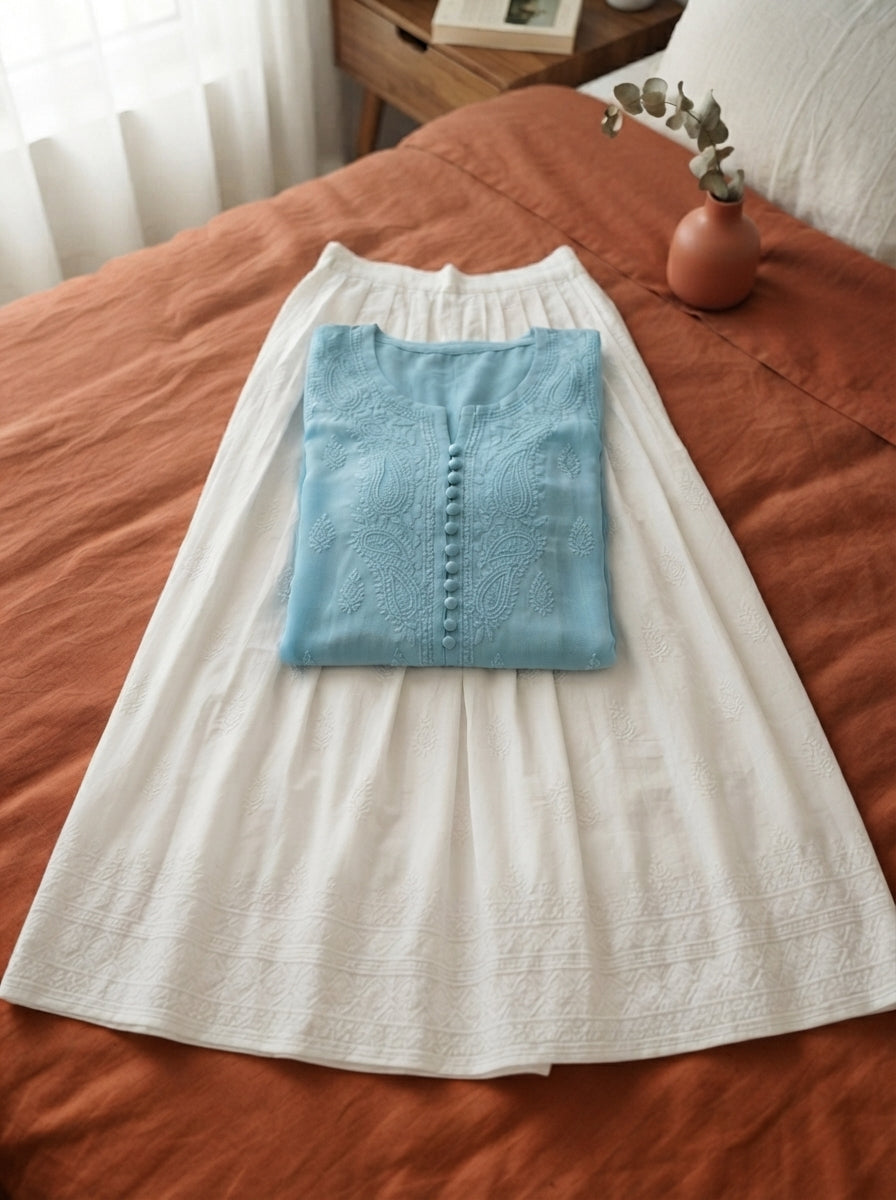 Powder Blue Chikankari Kurta Skirt Set