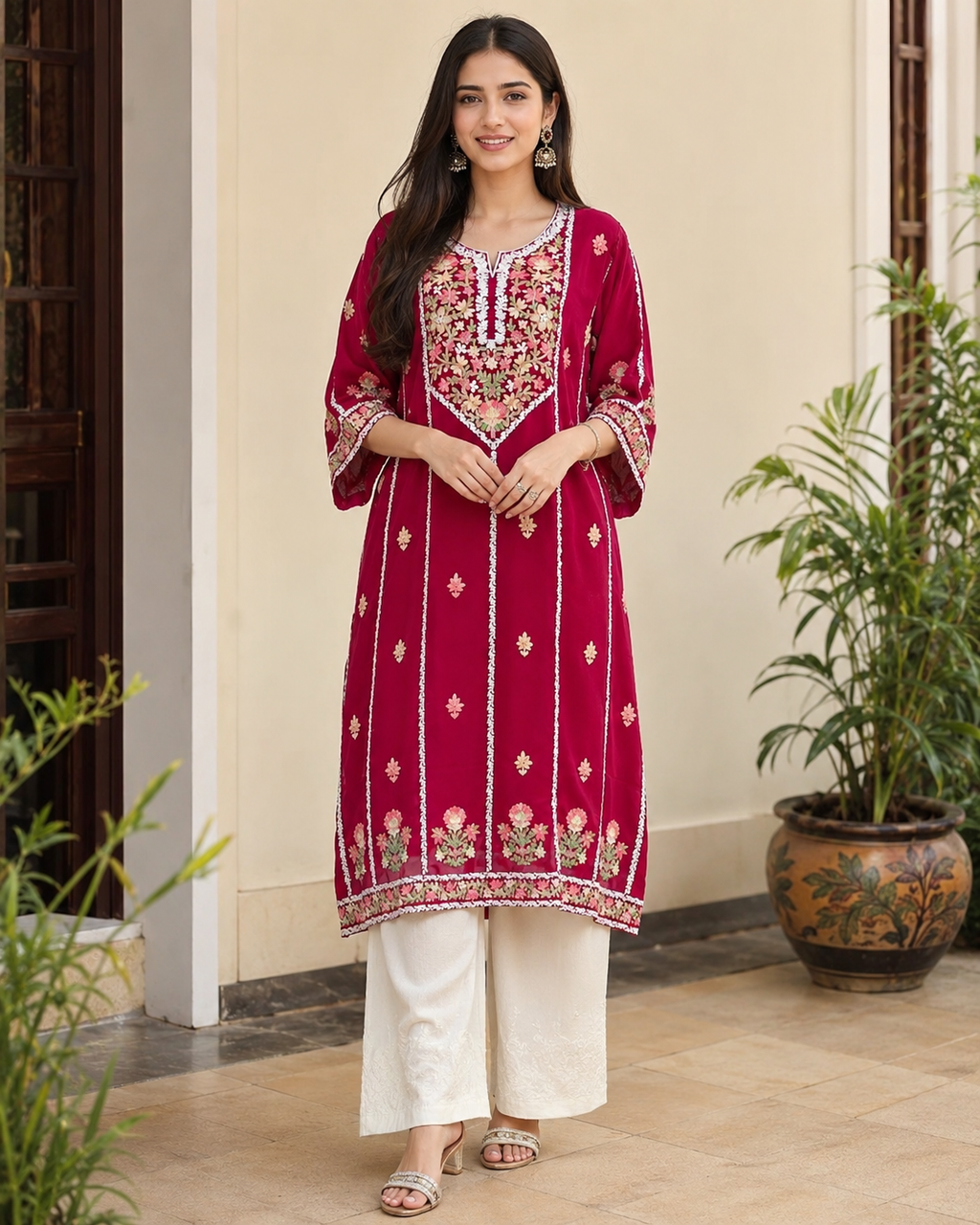 Rani Pink Floral Embroidered Kaaftaan for Women