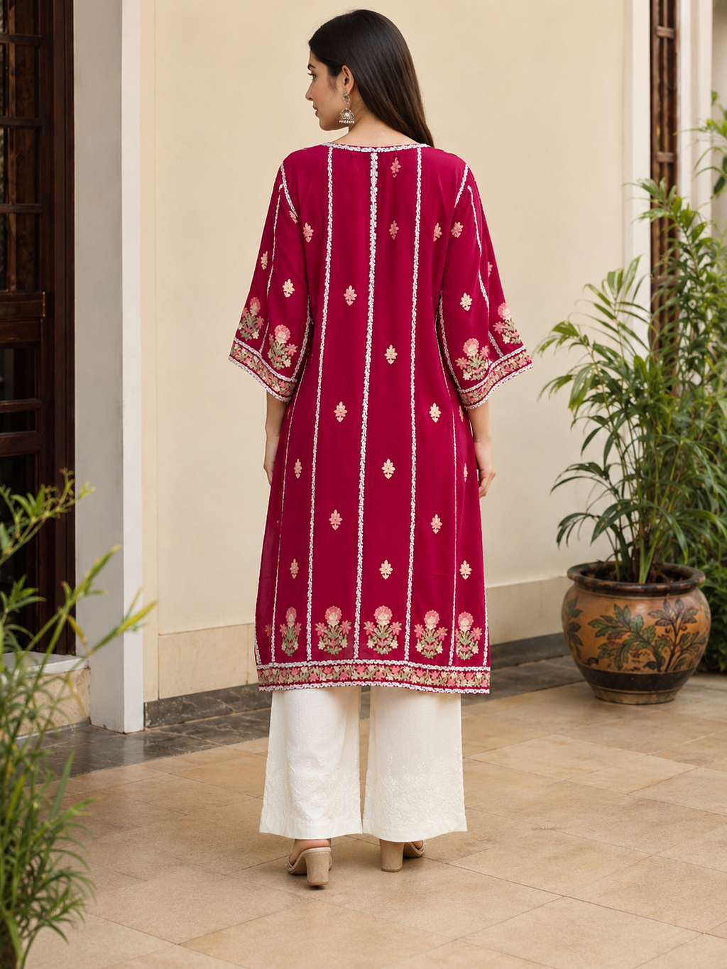 Rani Pink Floral Embroidered Kaaftaan for Women