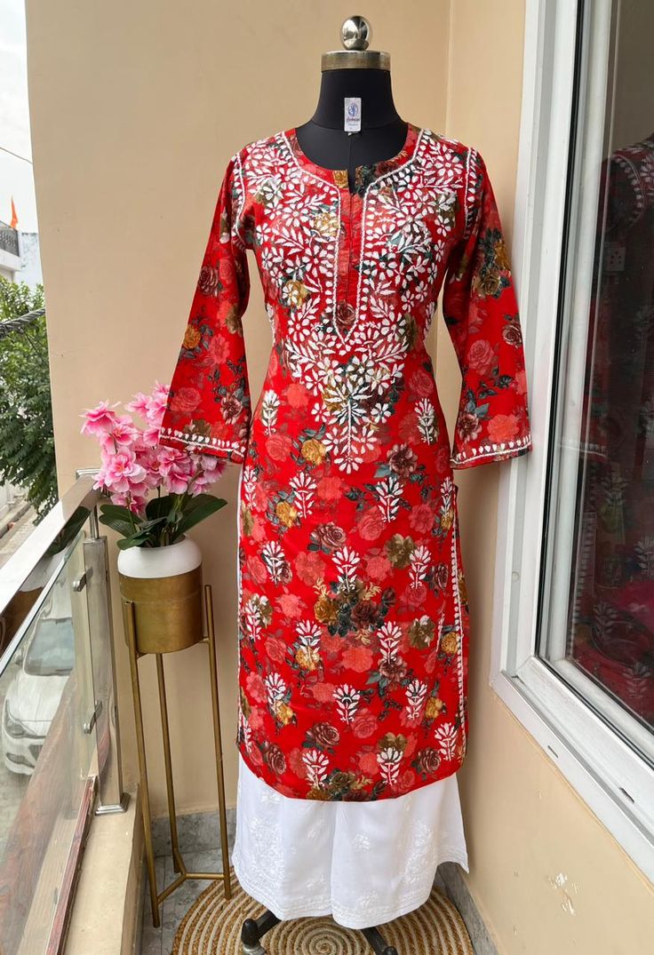 Red Floral Printed Embroidered Kurta Set for Women