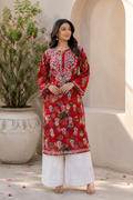 Red Floral Printed Embroidered Kurta Set for Women