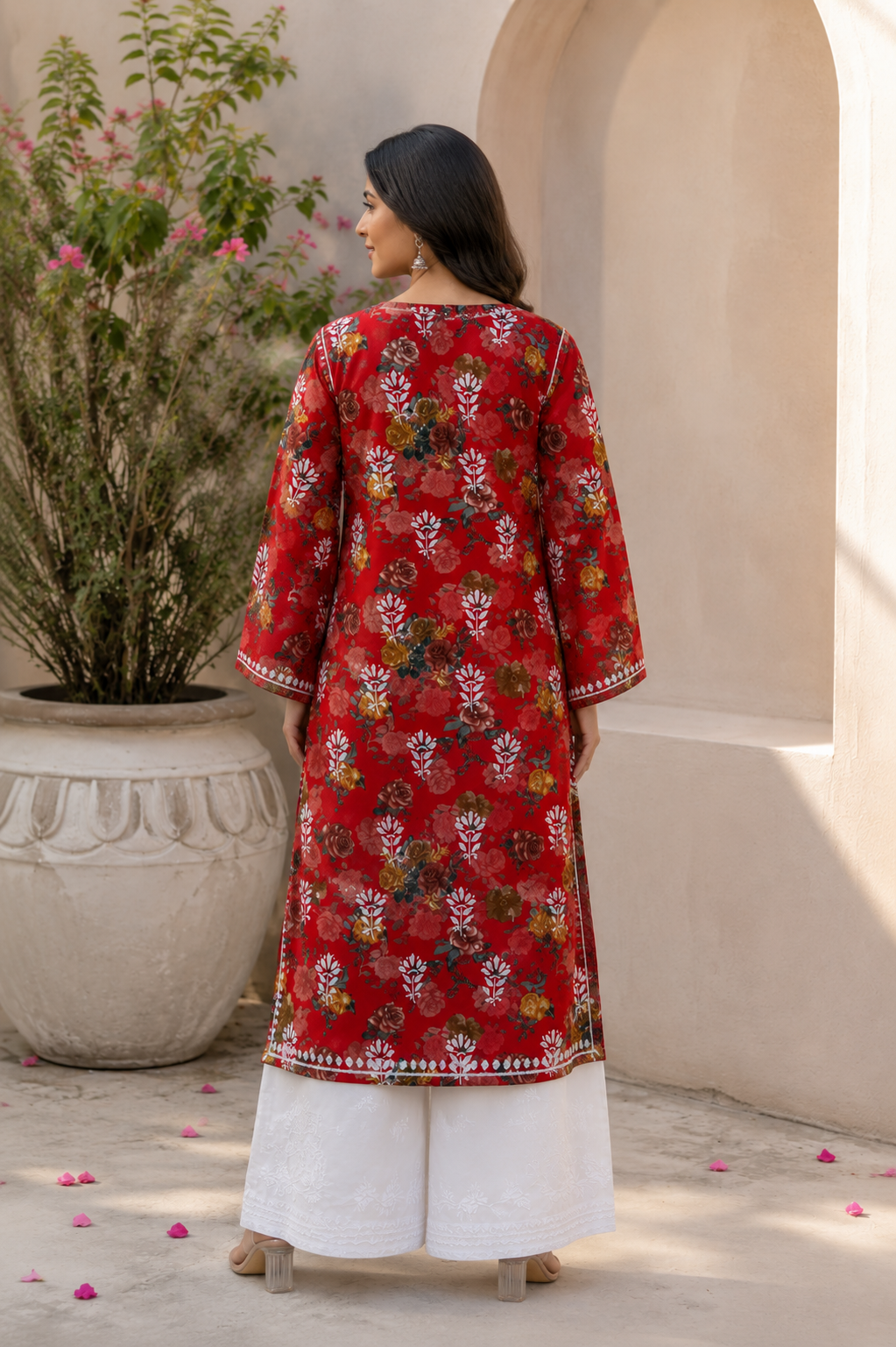 Red Floral Printed Embroidered Kurta Set for Women