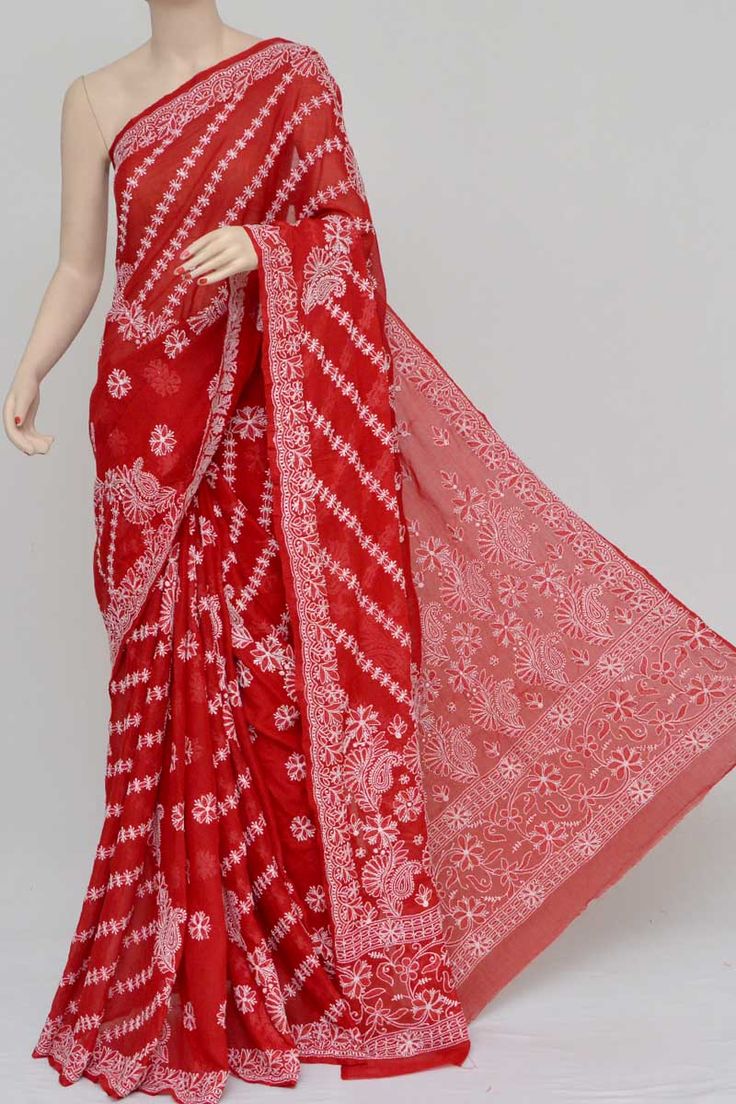 Red Lucknowi Chikankari Embroidered Saree for Women