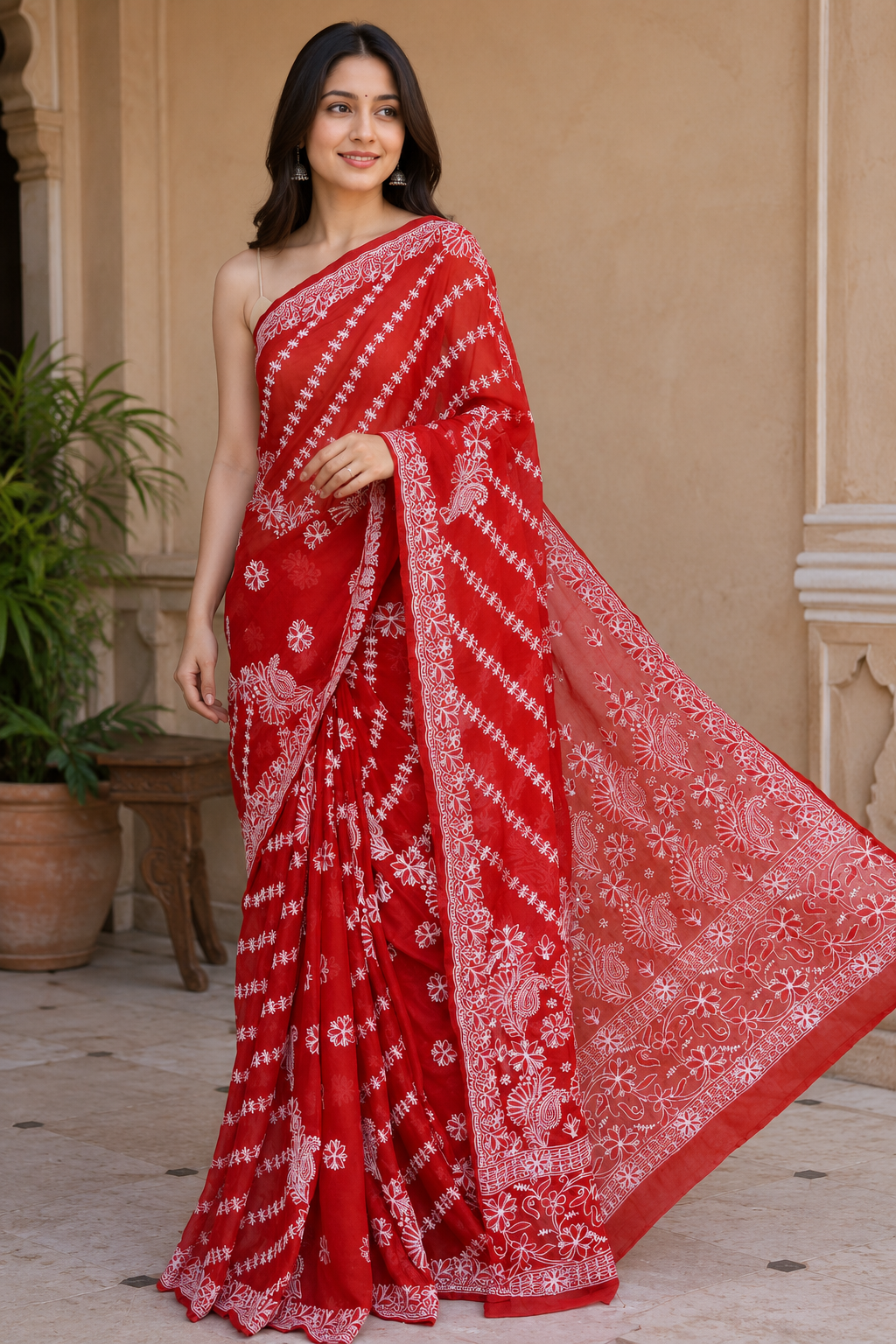 Red Lucknowi Chikankari Embroidered Saree for Women