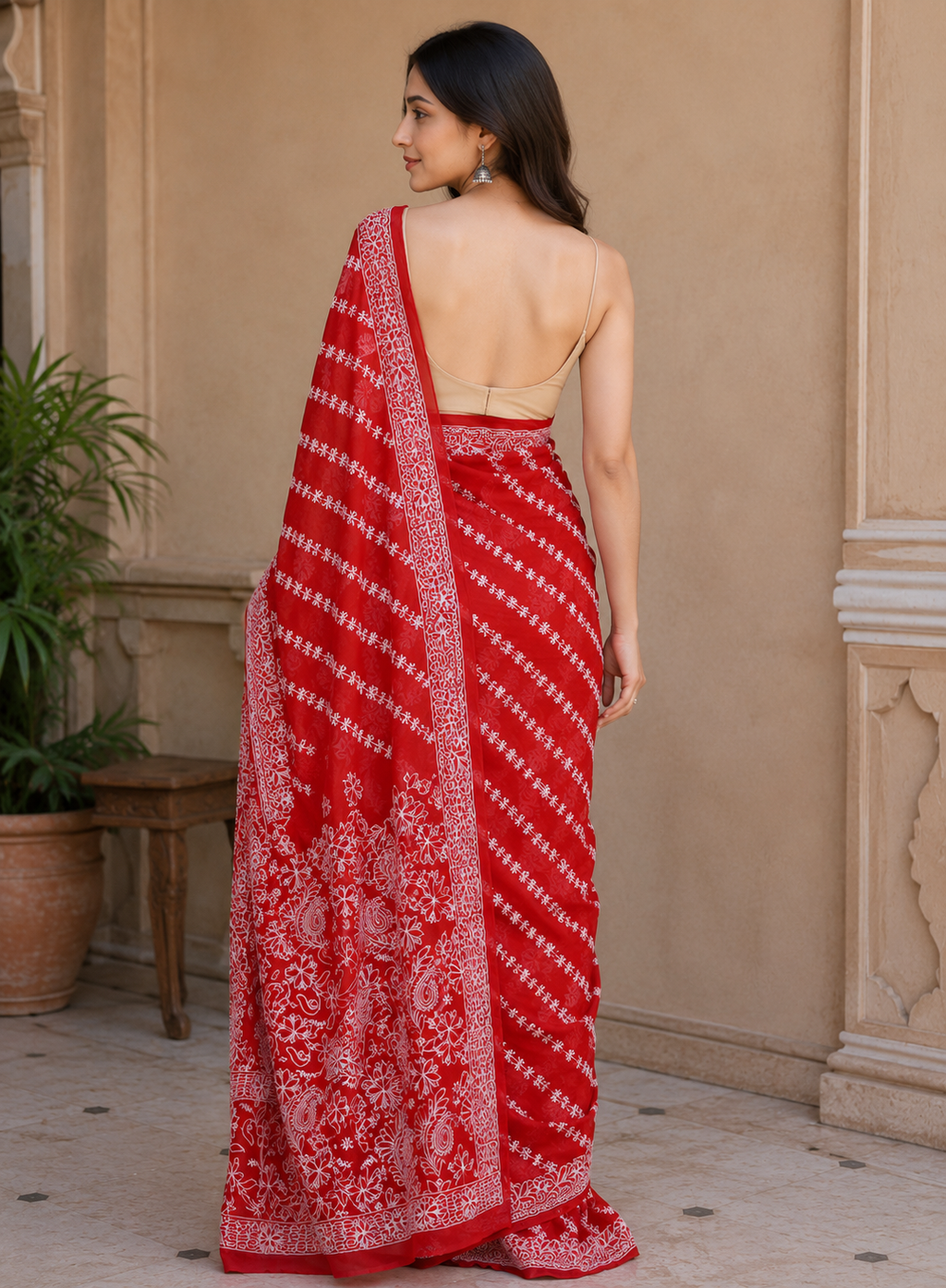 Red Lucknowi Chikankari Embroidered Saree for Women