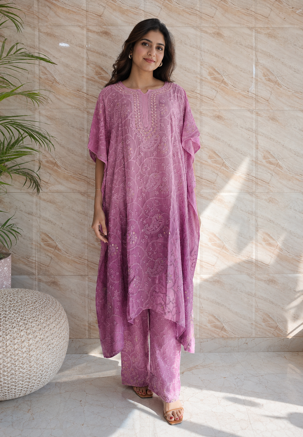 Rose Pink Chikankari Kaftan