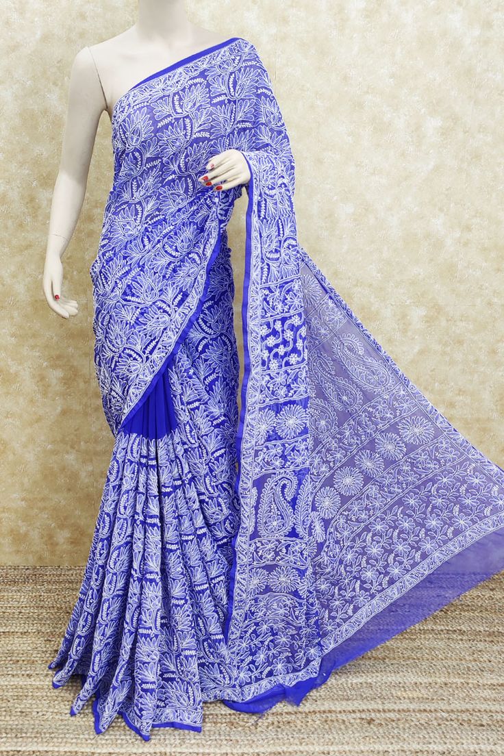 Royal Blue Lucknowi Chikankari Embroidered Saree for Women