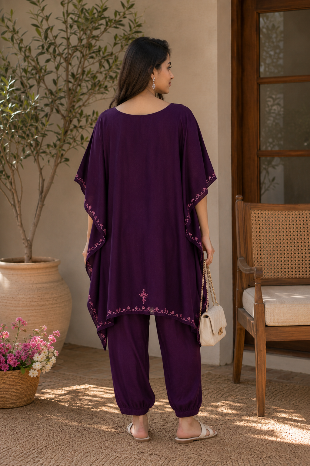 Royal Purple Embroidered Kaftan Co-Ord Set for Women