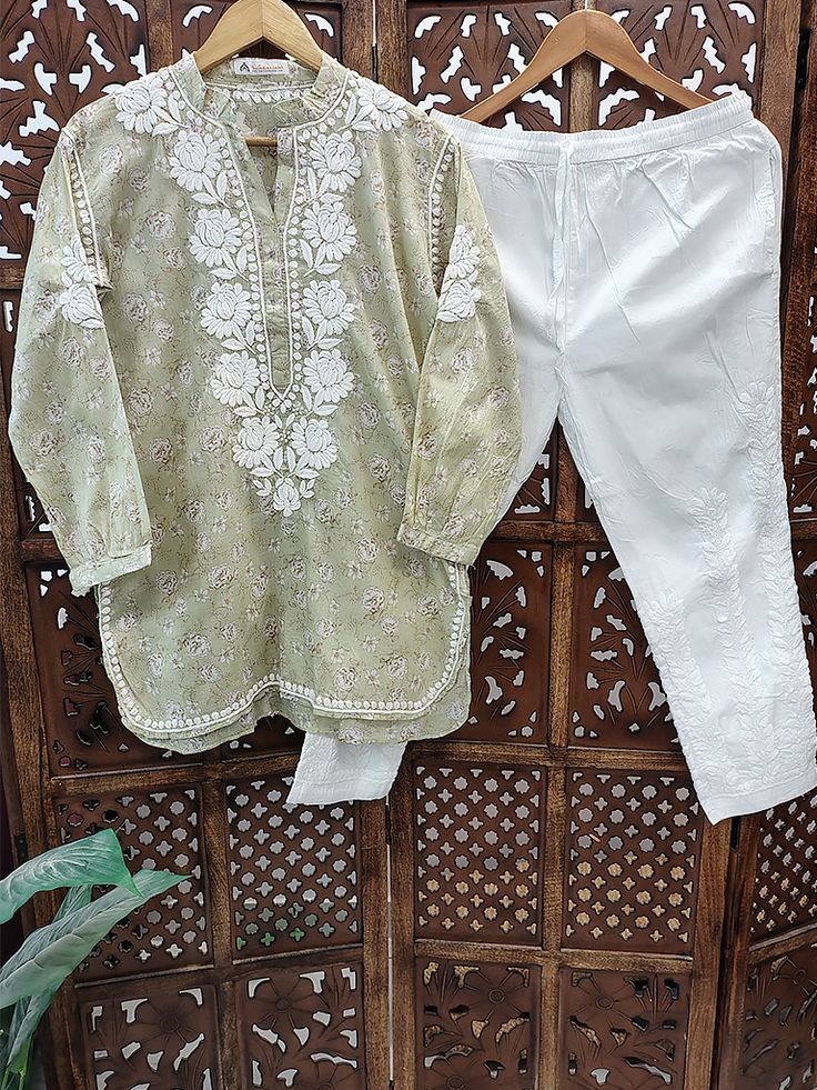 Sage Green Mulmul Chikankari Co-Ord Set for Women